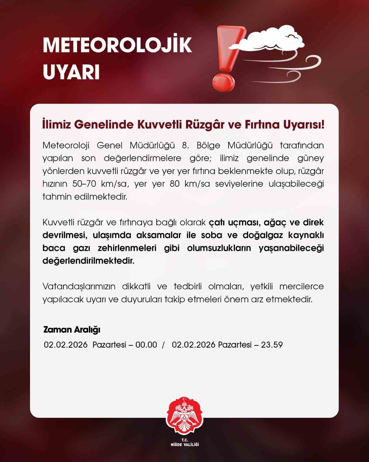 Niğde Valiliği'nden kuvvetli rüzgar uyarısı