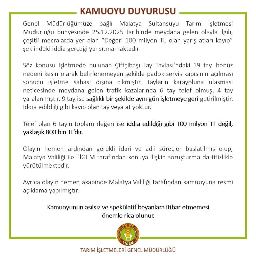 TİGEM, 100 milyon lira değerinde kayıp yarış atları iddialarını yalanladı