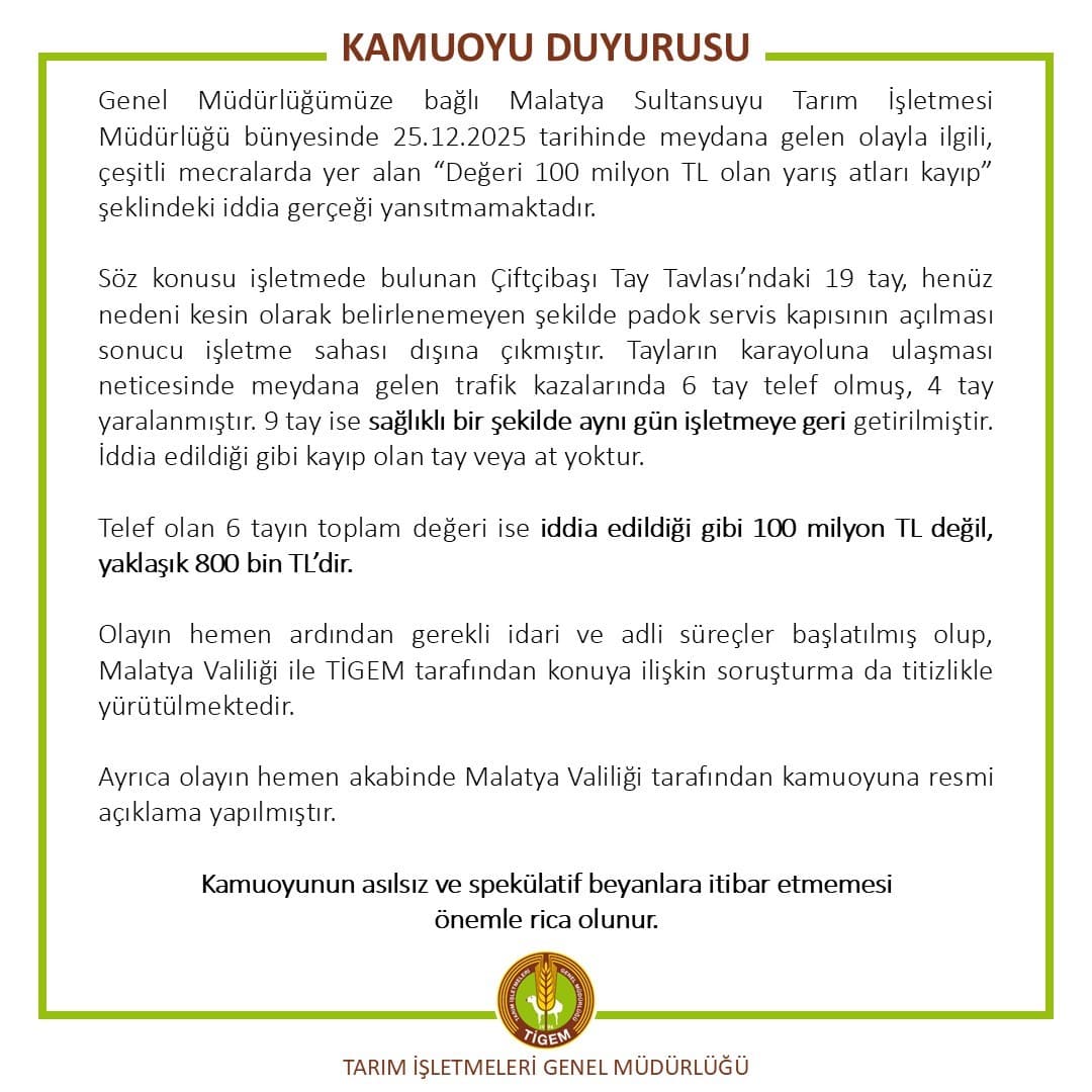 TİGEM, 100 milyon lira değerinde kayıp yarış atları iddialarını yalanladı