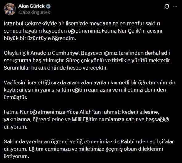 Bakan Gürlek: "(Öğretmen Fatma Nur Çelik) Olayla ilgili derhal adli soruşturma başlatılmıştır"