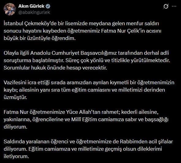 Bakan Gürlek: "(Öğretmen Fatma Nur Çelik) Olayla ilgili derhal adli soruşturma başlatılmıştır"