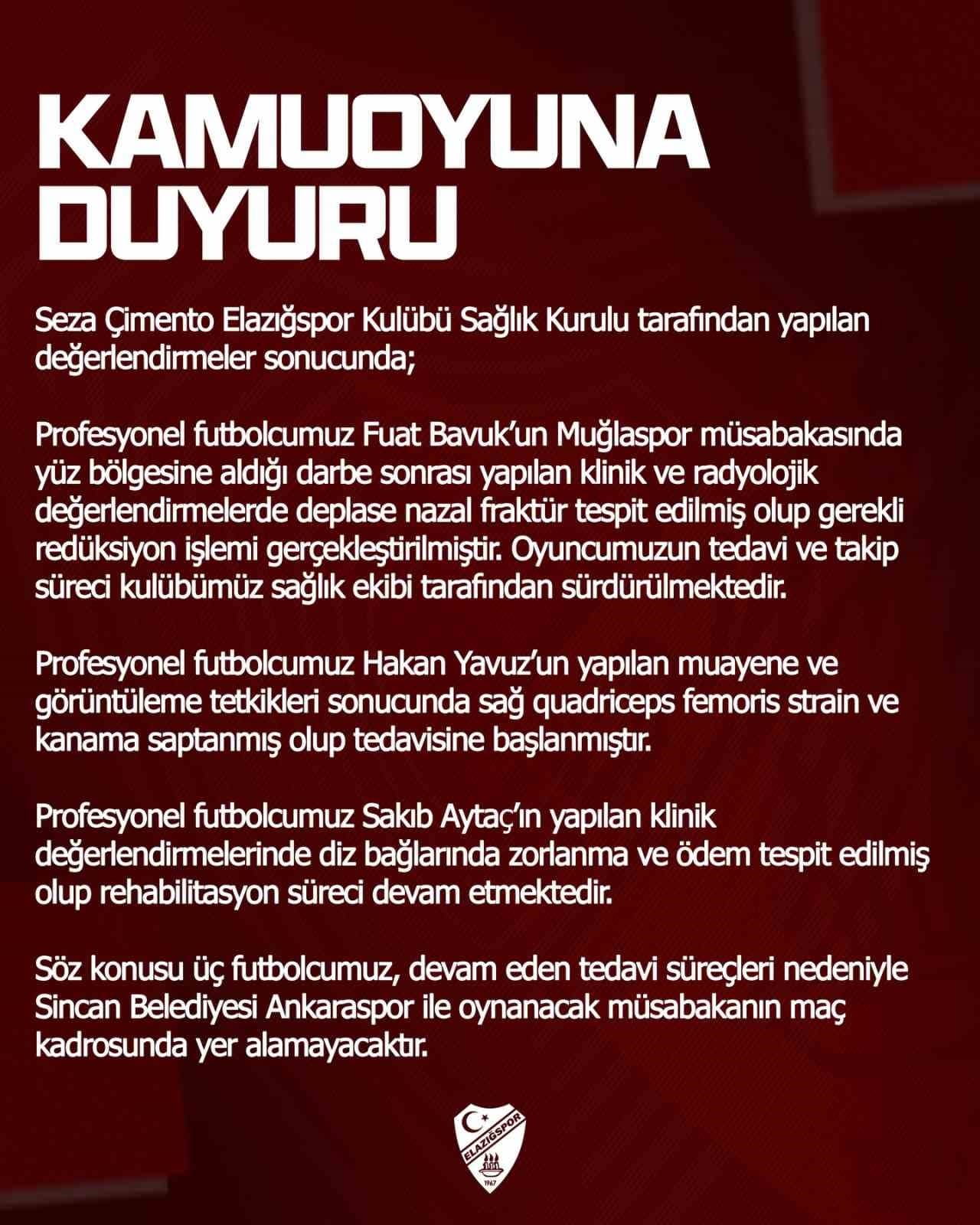 Elazığspor’da 3 sakat, 1 cezalı