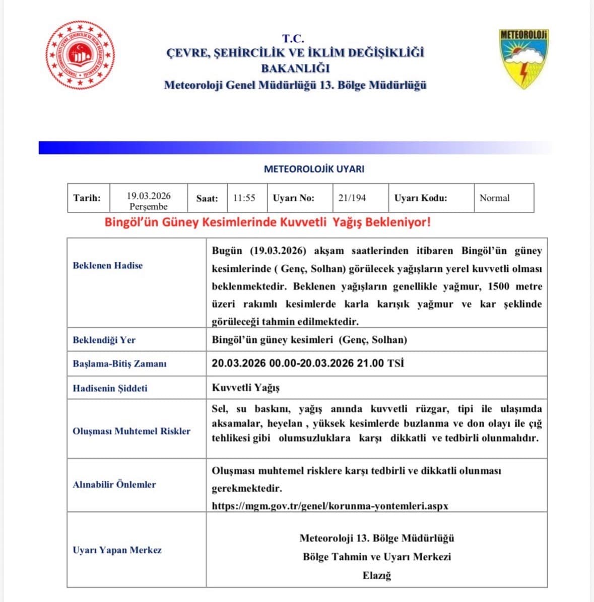 Meteorolojiden Bingöl için kuvvetli yağış uyarısı