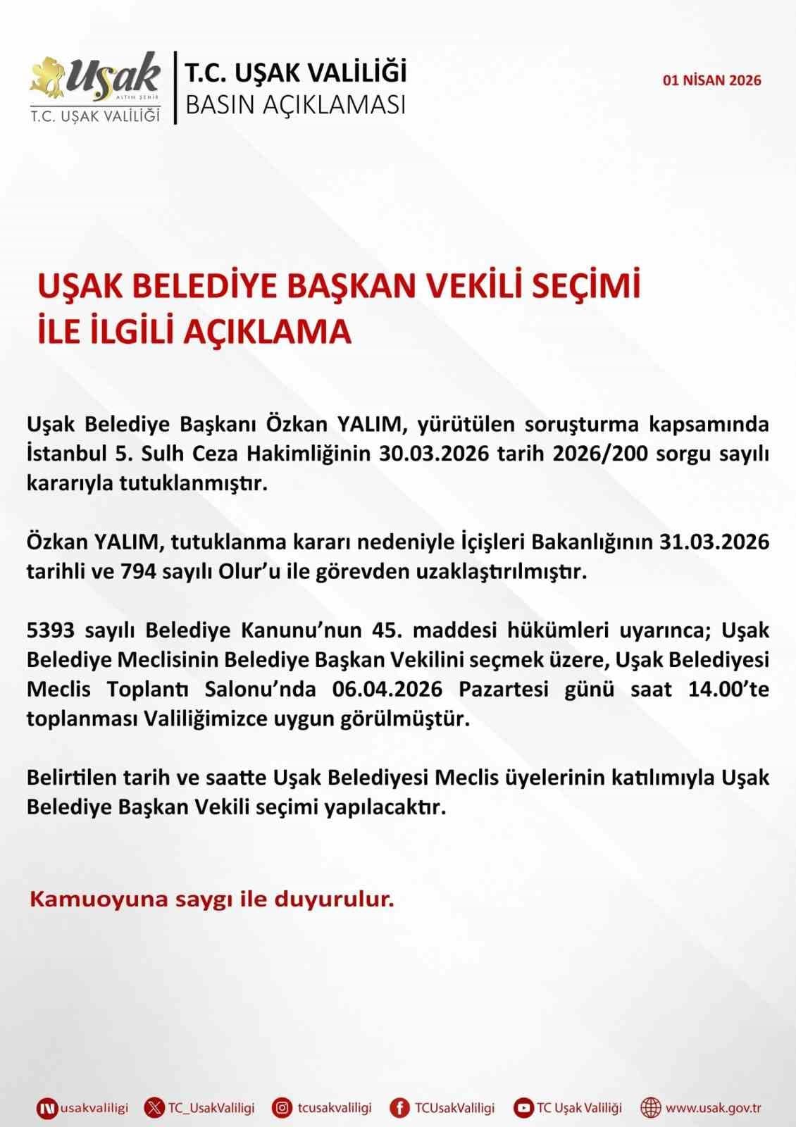 Uşak Belediye Başkan Vekili seçimi ile ilgili açıklama