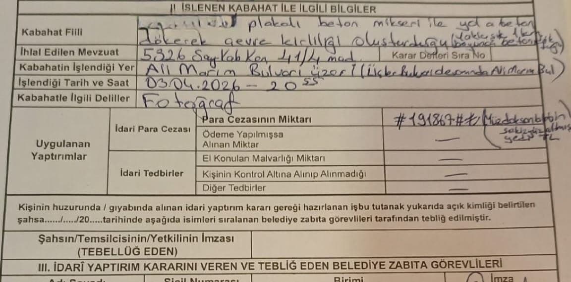 1 kilometre boyunca yola beton döken miksere 191 bin lira ceza kesildi