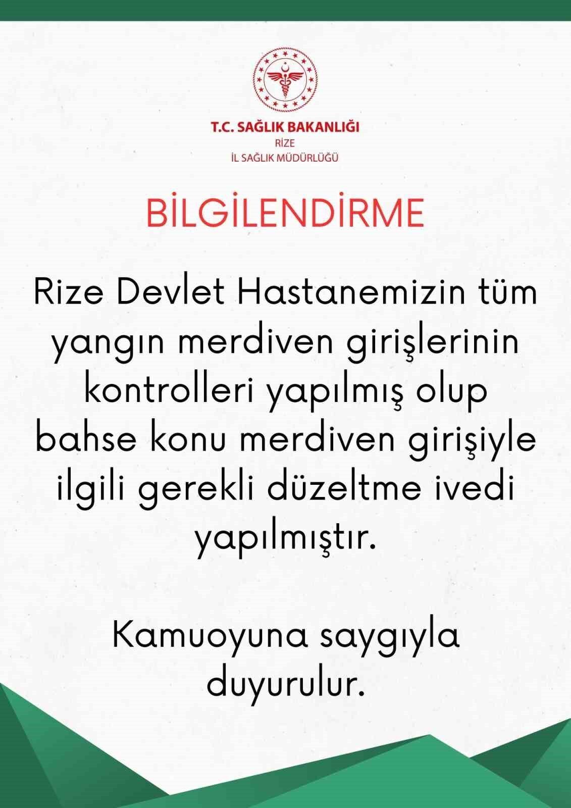 Rize İl Sağlık Müdürlüğü’nden kapatılan yangın merdiveni açıklaması