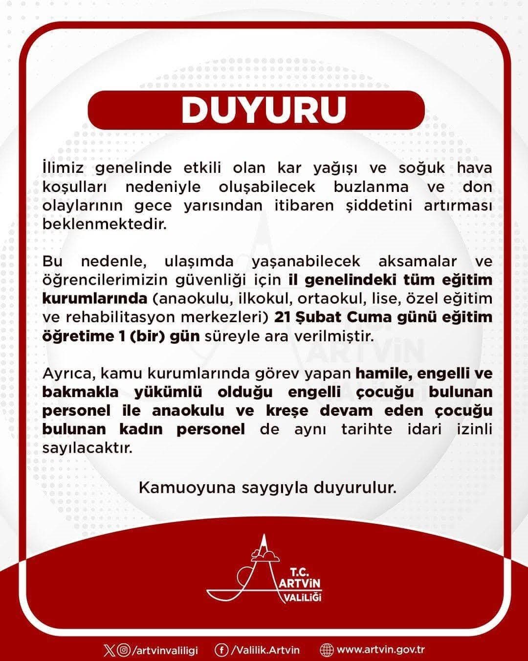 Artvin’de eğitime 1 gün ara verildi