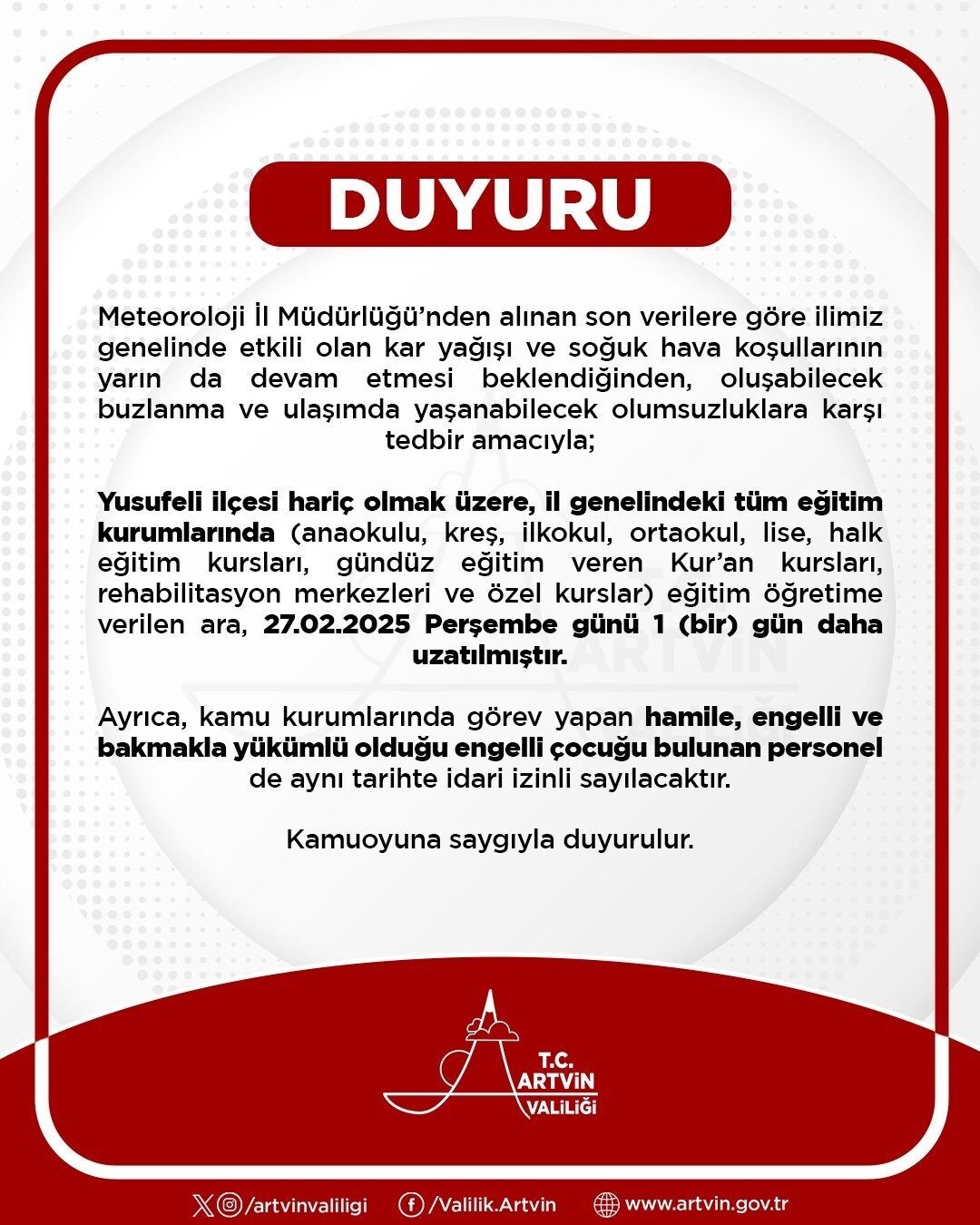 Artvin’de eğitime 6’ncı kez ara verildi