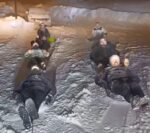 Kümbet Yaylası’nda iplerle birbirlerine bağlanıp karlı yolda böyle kaydılar