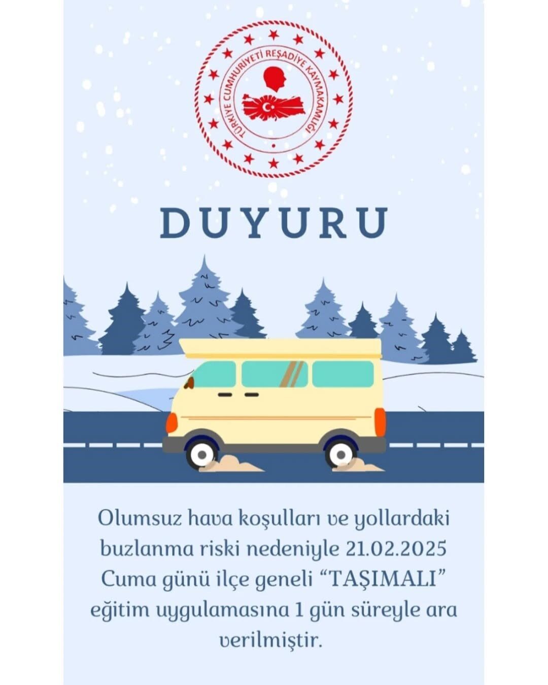 Reşadiye’de taşımalı eğitime hava engeli