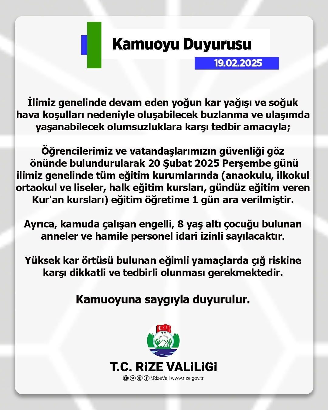 Rize’de eğitime kar engeli