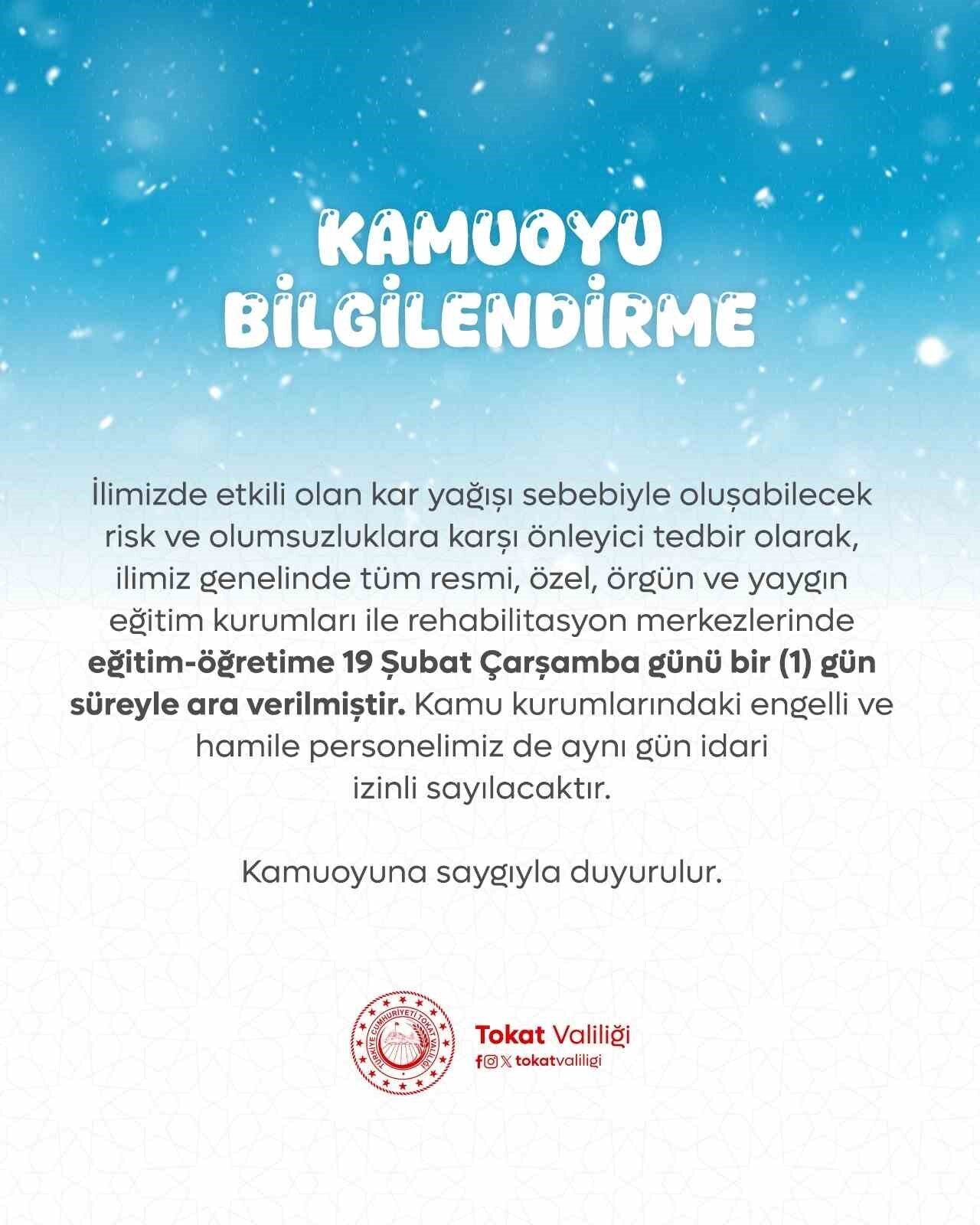 Tokat’ta eğitime kar tatili