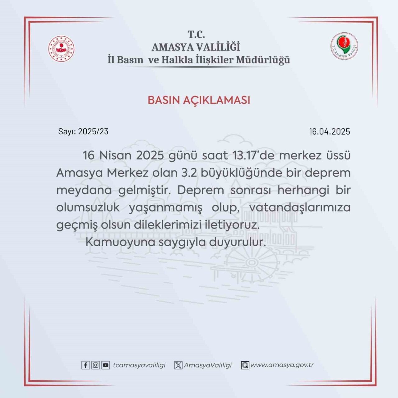 Amasya Valiliği’nden 3.2 depremle ilgili açıklama: "Bir olumsuzluk yok"