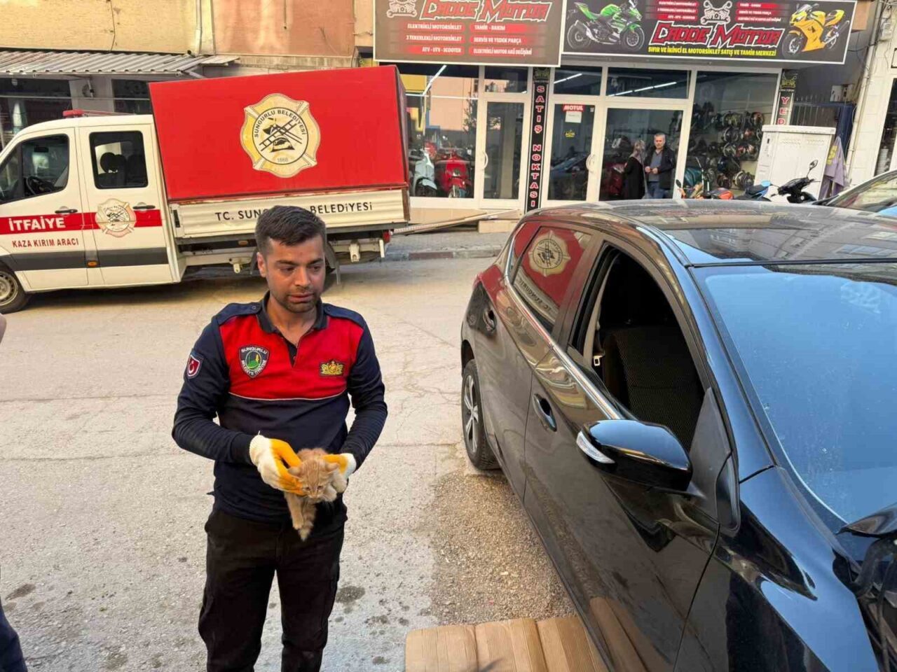 Otomobilin motor kısmına giren yavru kediyi itfaiye kurtardı