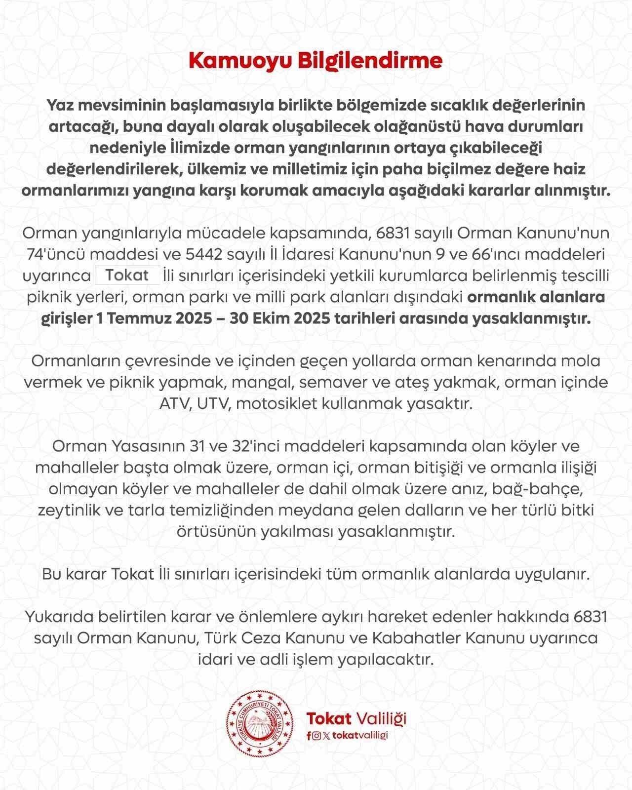 Tokat’ta yaz aylarında ormanlara girişe kısıtlama getirildi