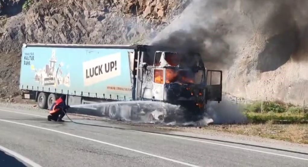 Seyir halindeki tır alev alev yandı