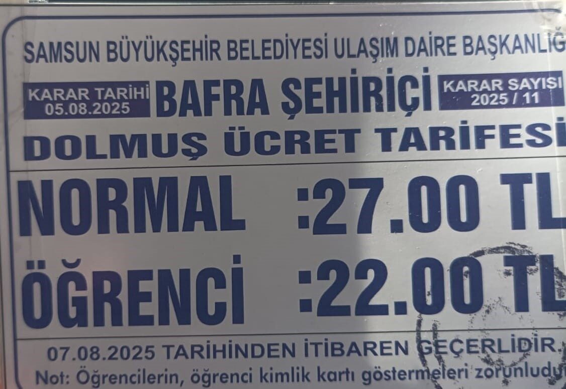 Bafra’da dolmuş ücretlerine zam