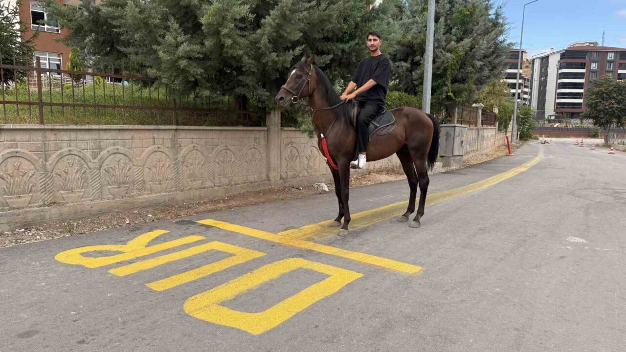 Tokat’ta direksiyon sınavı heyecanını yenmek için motosiklet yerine atla parkura girdi