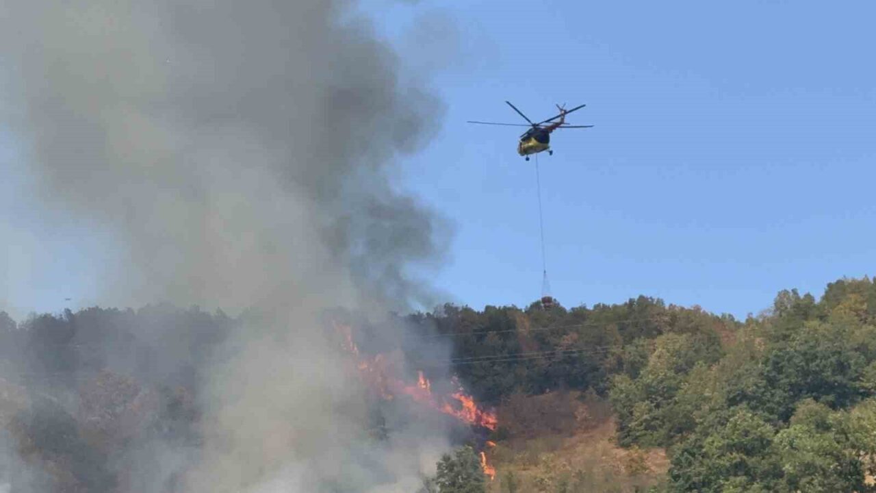 Düzce’deki orman yangınına helikopter ve 20 araçla müdahale sürüyor