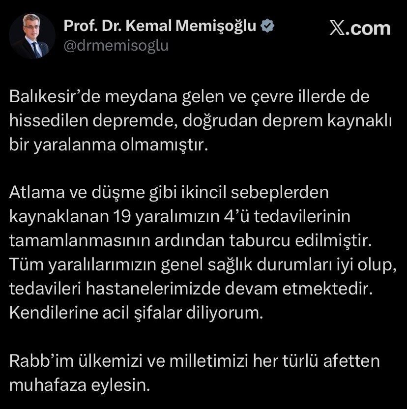 Bakan Memişoğlu: "Depremde, doğrudan deprem kaynaklı bir yaralanma olmamıştır"