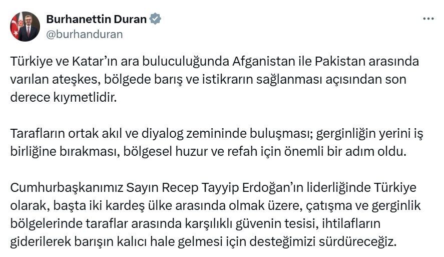 Burhanettin Duran’dan Afganistan-Pakistan ateşkesi açıklaması