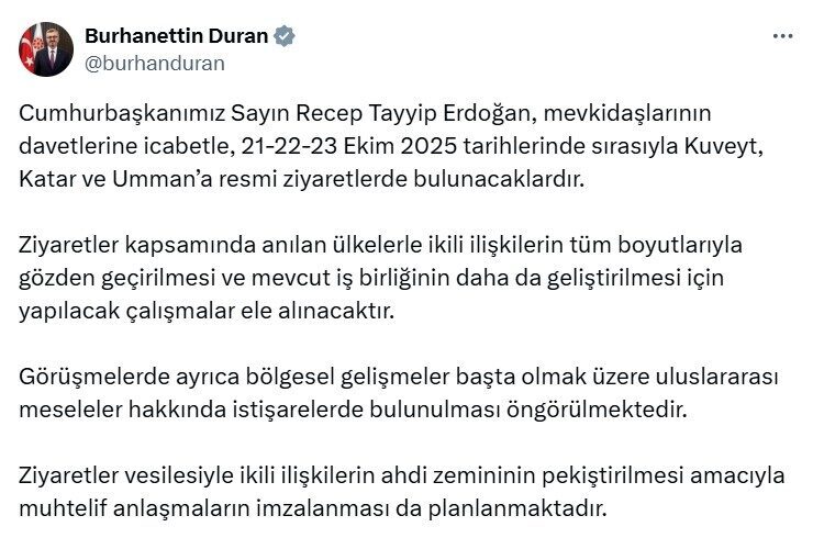 Cumhurbaşkanı Erdoğan, Kuveyt, Katar ve Umman’ı ziyaret edecek