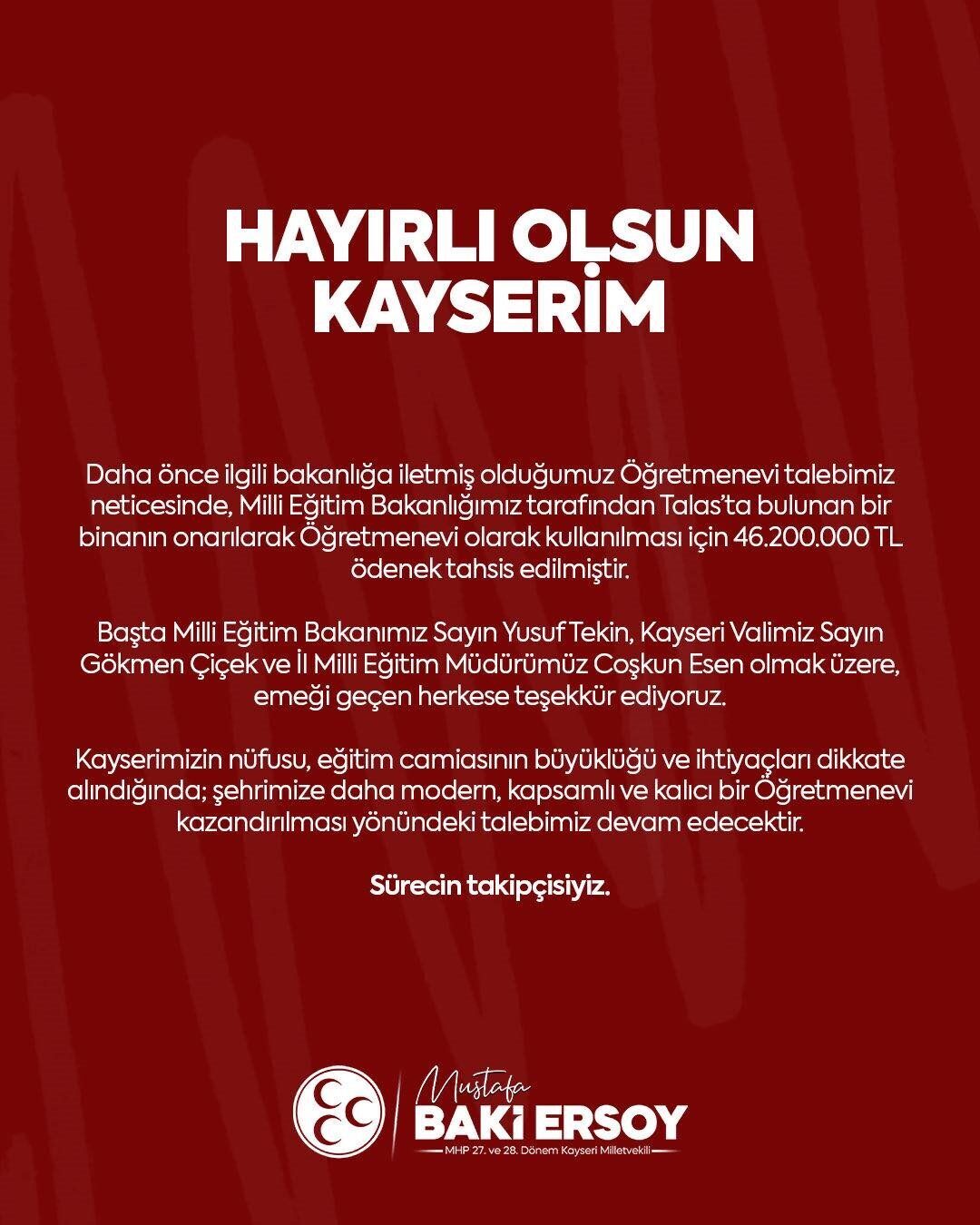 MHP’li Ersoy’dan Kayseri’ye ‘öğretmenevi’ müjdesi
