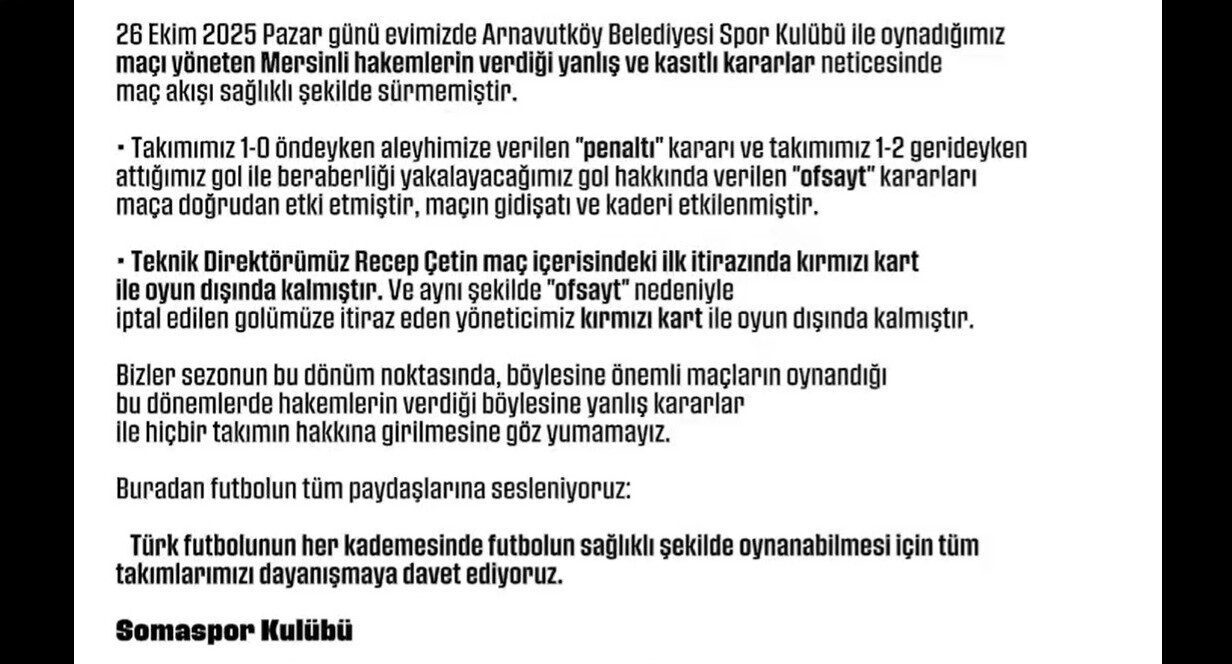 Somaspor’dan maçın hakemlerine tepki