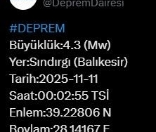 Balıkesir’de 4.3 büyüklüğünde deprem