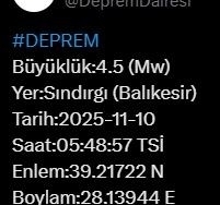 Balıkesir’de 4.5 büyüklüğünde deprem