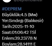 Balıkesir’de 4.5 büyüklüğünde deprem