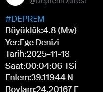 Ege Denizi’nde 4.8 büyüklüğünde deprem