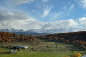 Karla kaplı dağlar sonbaharın renkleriyle buluştu