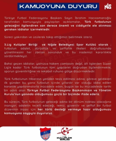 Niğde Belediyespor’dan TFF’ye destek
