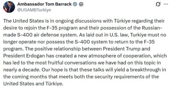 ABD’nin Ankara Büyükelçisi Barrack’tan ’F-35’ yorumu