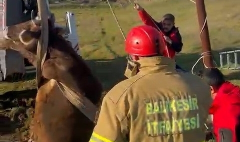 Balıkesir’de kuyuya düşen inek kurtarıldı