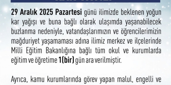 Elazığ’da eğitim-öğretime 1 gün ara verildi