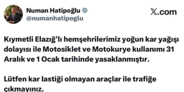 Elazığ’da motosiklet ve motokurye kullanımı yasaklandı