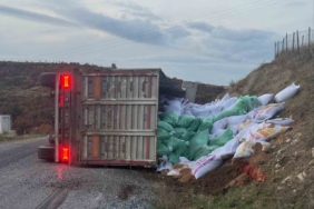 Gördes’te yem yüklü tır devrildi: 1 yaralı