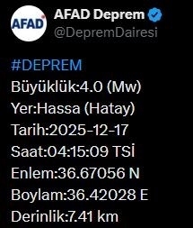 Hatay’da 4.0 büyüklüğünde deprem