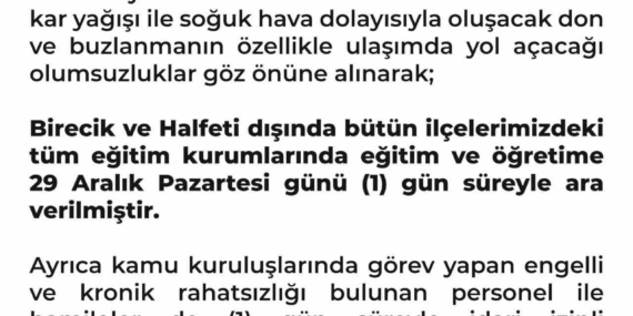 Şanlıurfa’da eğitime kar tatili