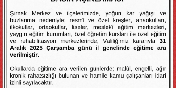 Şırnak’ta okullar çarşamba günü tatil edildi