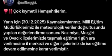 Tunceli’nin 3 ilçesinde taşımalı eğitime 1 gün ara verildi