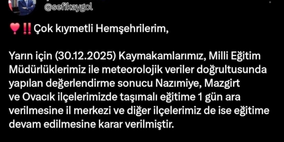 Tunceli’nin 3 ilçesinde taşımalı eğitime 1 gün ara verildi