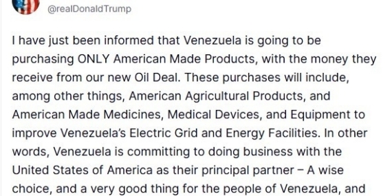 ABD Başkan Trump: "Venezuela, petrol anlaşmasından elde edeceği gelirle yalnızca ABD yapımı ürünleri satın alacak"