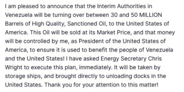 ABD Başkanı Trump: "Venezuela, 30 ila 50 milyon varil arasında petrolü ABD’ye devredecek"