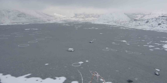 Adıyaman’da Çat Barajı’nın yüzeyi buz tuttu