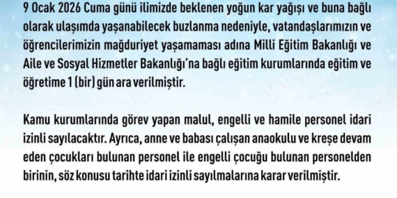 Elazığ’da eğitime 1 gün ara verildi