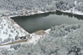 Karla kaplı orman içerisindeki gölet, kış manzarasıyla mest ediyor