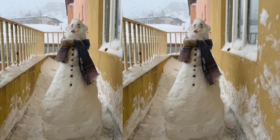 Sağlıkçılardan balkonda kardan adam